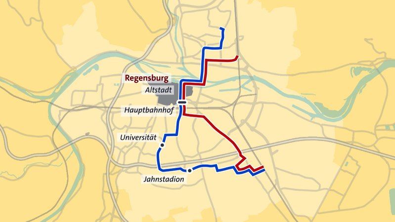 Die geplante Stadtbahn soll mit zwei Linien zwischen dem Norden und dem Süden der Stadt fahren. | Bild: Bayerischer Rundfunk 2024 Die geplante Stadtbahn soll mit zwei Linien zwischen dem Norden und dem Süden der Stadt fahren.