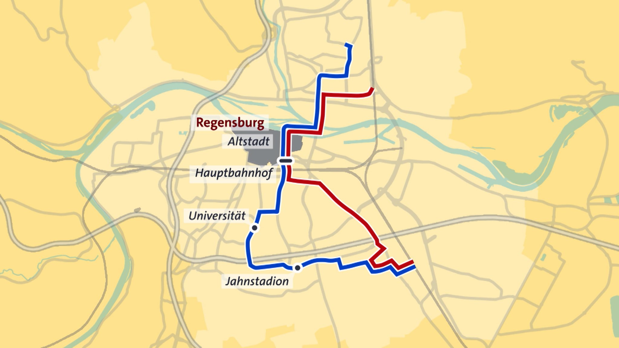 Die geplante Stadtbahn soll mit zwei Linien zwischen dem Norden und dem Süden der Stadt fahren. 