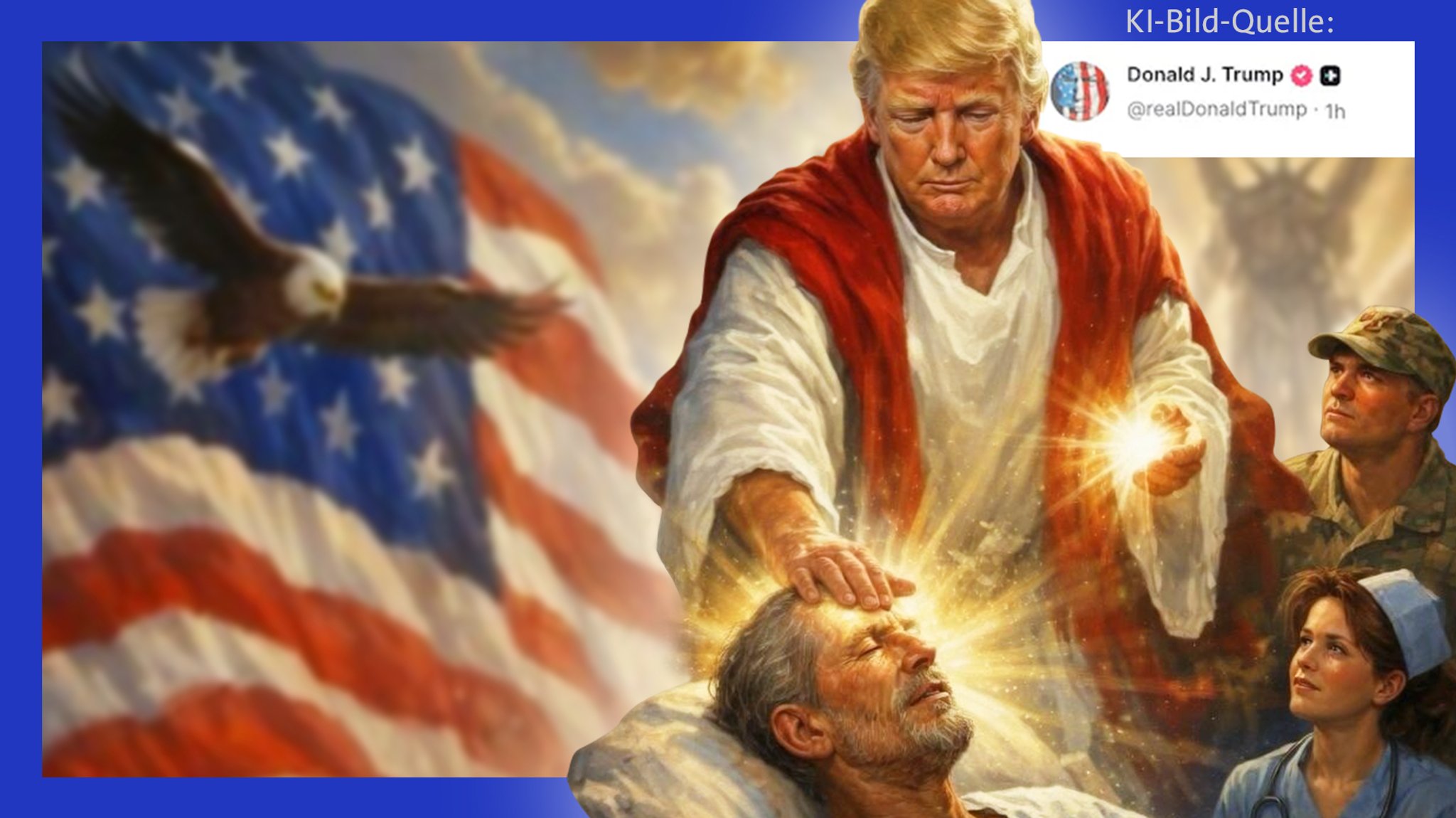 Auf dem Bild hat Trump weiße Kleider an. Er legt einem anderen Mann die Hand auf die Stirn. Es sieht so aus, als ob Trump diesen Mann gesund machen will. Trump hat das Bild mit einer Künstlichen Intelligenz gemacht. Er hat das Bild in sozialen Netz-Werken veröffentlicht.