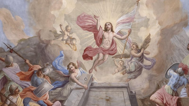 Das Deckenfresko in der Pfarrkirche St. Peter und Paul im österreichischen Telfs zeigt die Auferstehung Christi. | Bild: picture alliance / imageBROKER | Helmut Meyer zur Capellen Das Deckenfresko in der Pfarrkirche St. Peter und Paul im österreichischen Telfs zeigt die Auferstehung Christi.