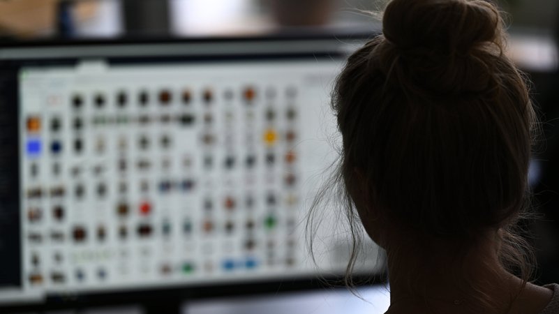 Kriminalpolizistin sitzt in einem Büro vor einem Auswertungscomputer (Archiv) | Bild: dpa-Bildfunk/Arne Dedert Kriminalpolizistin sitzt in einem Büro vor einem Auswertungscomputer (Archiv)