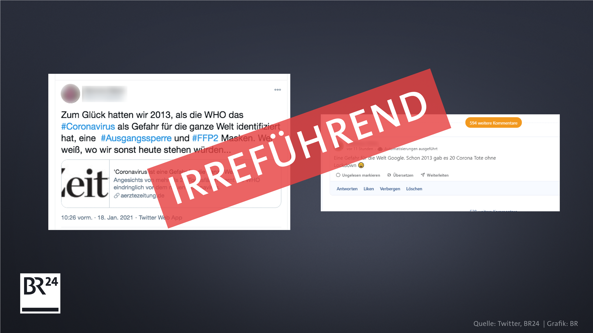 Screenshots von zwei Userkommentaren aus den BR24-Kommentarspalten und von Twitter. Die User wundern sich, warum es schon 2013 Coronatote gab - und warum es damals keine Ausgangsbeschränkungen oder Maskenpflicht brauchte.