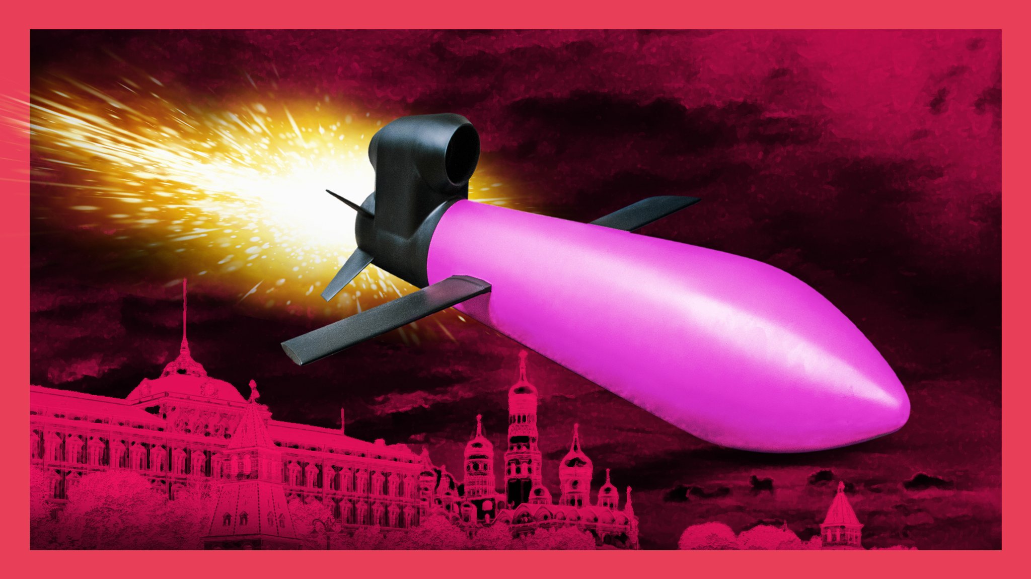 Eine pinke Rakete fliegt aus dem Bild heraus - im Hintergrund russische Wahrzeichen.
