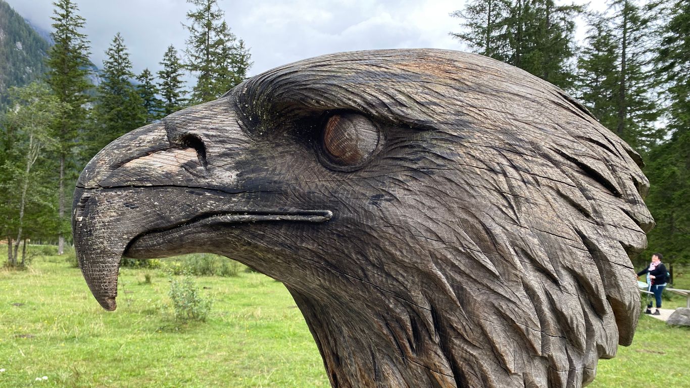 Ein Steinadler aus Holz geschnitzt.