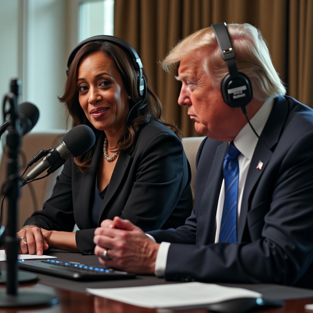 Kamala Harris und Donald Trump machen einen gemeinsamen Podcast? Nur in der Welt der Bild-KI "Flux".