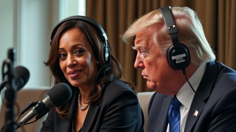 Kamala Harris und Donald Trump machen einen gemeinsamen Podcast? Nur in der Welt der Bild-KI "Flux". | Bild: Black Forest Labs Kamala Harris und Donald Trump machen einen gemeinsamen Podcast? Nur in der Welt der Bild-KI "Flux".