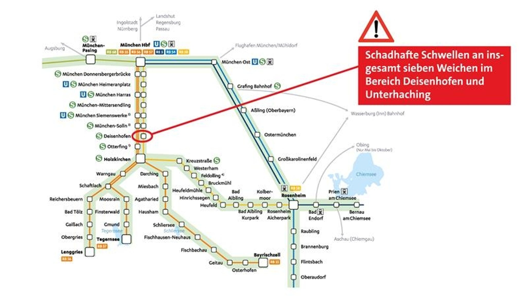 Karte des BRB-Netzes mit Markierung der schadhaften Weichen im Bereich Deisenhofen