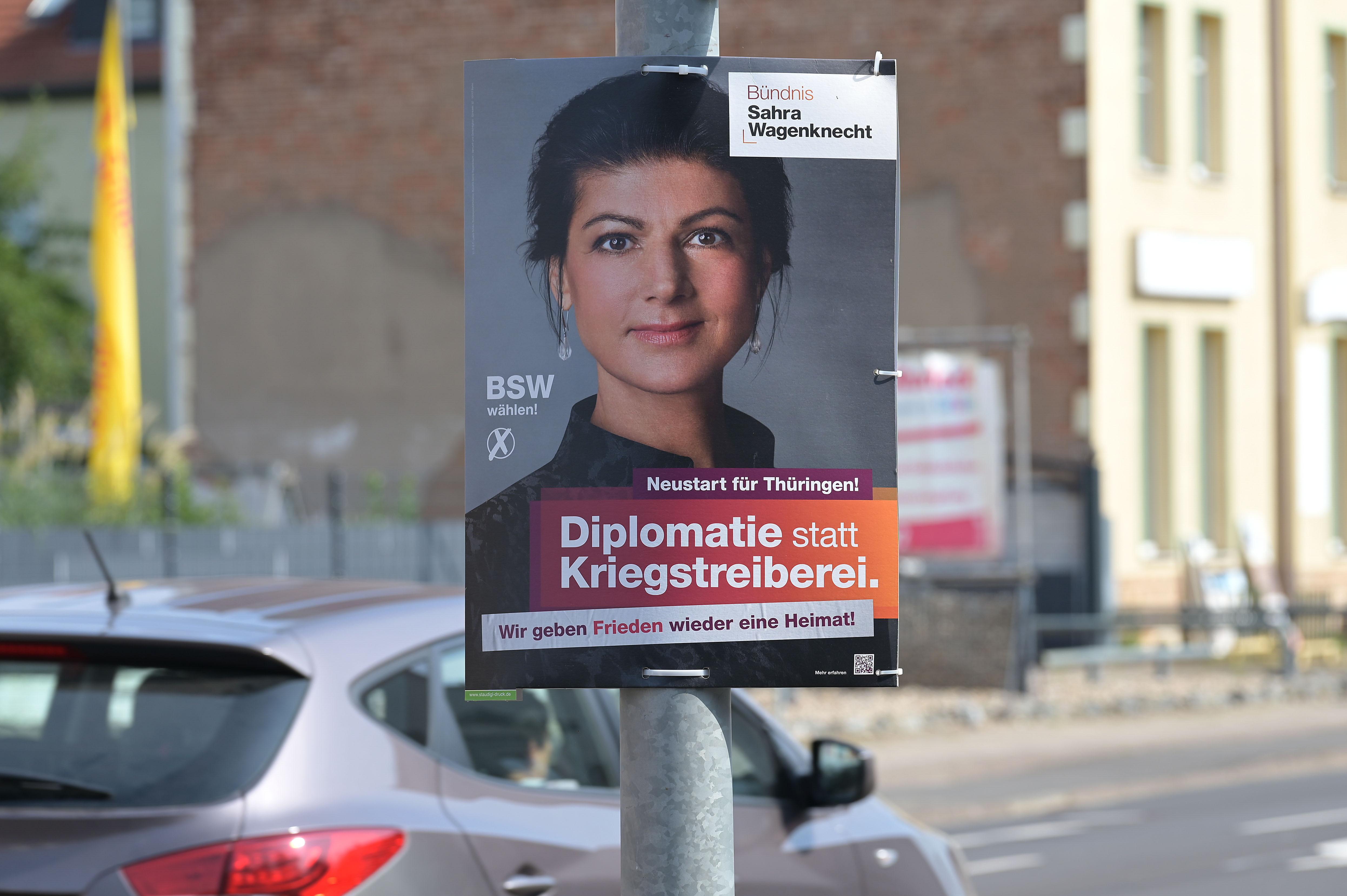 Ein Wahlplakat des BSW (Bündnis Sahra Wagenknecht ) zur Landtagswahl in Thüringen 
