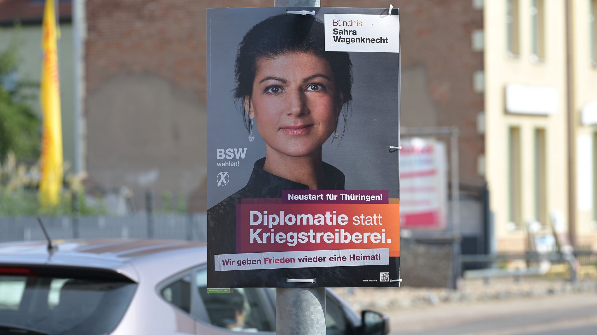 Ein Wahlplakat des BSW (Bündnis Sahra Wagenknecht ) zur Landtagswahl in Thüringen 