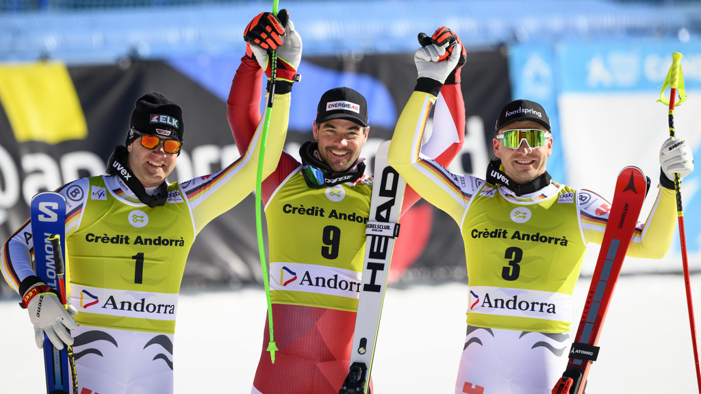 Romed Baumann, Vincent Kriechmayr und Andreas Sander | Bild: picture-alliance/dpa Romed Baumann, Vincent Kriechmayr und Andreas Sander