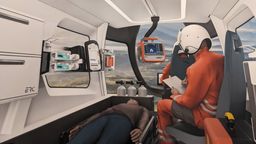 Eine digital erzeugte Abbildung eines Flugtaxis, in dem ein Patient transportiert und währenddessen von einem Notarzt versorgt wird. | Bild:BR / Florian Regensburger