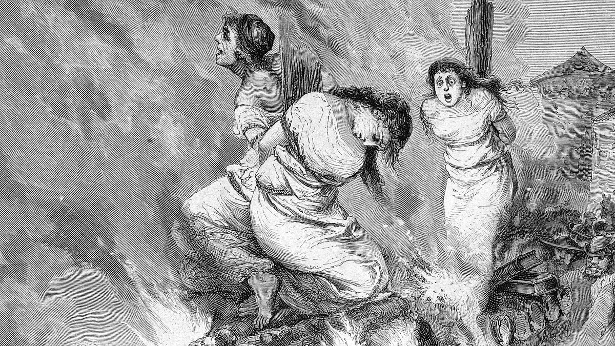 Hexenverbrennung im Mittelalter, historischer Stich von 1883