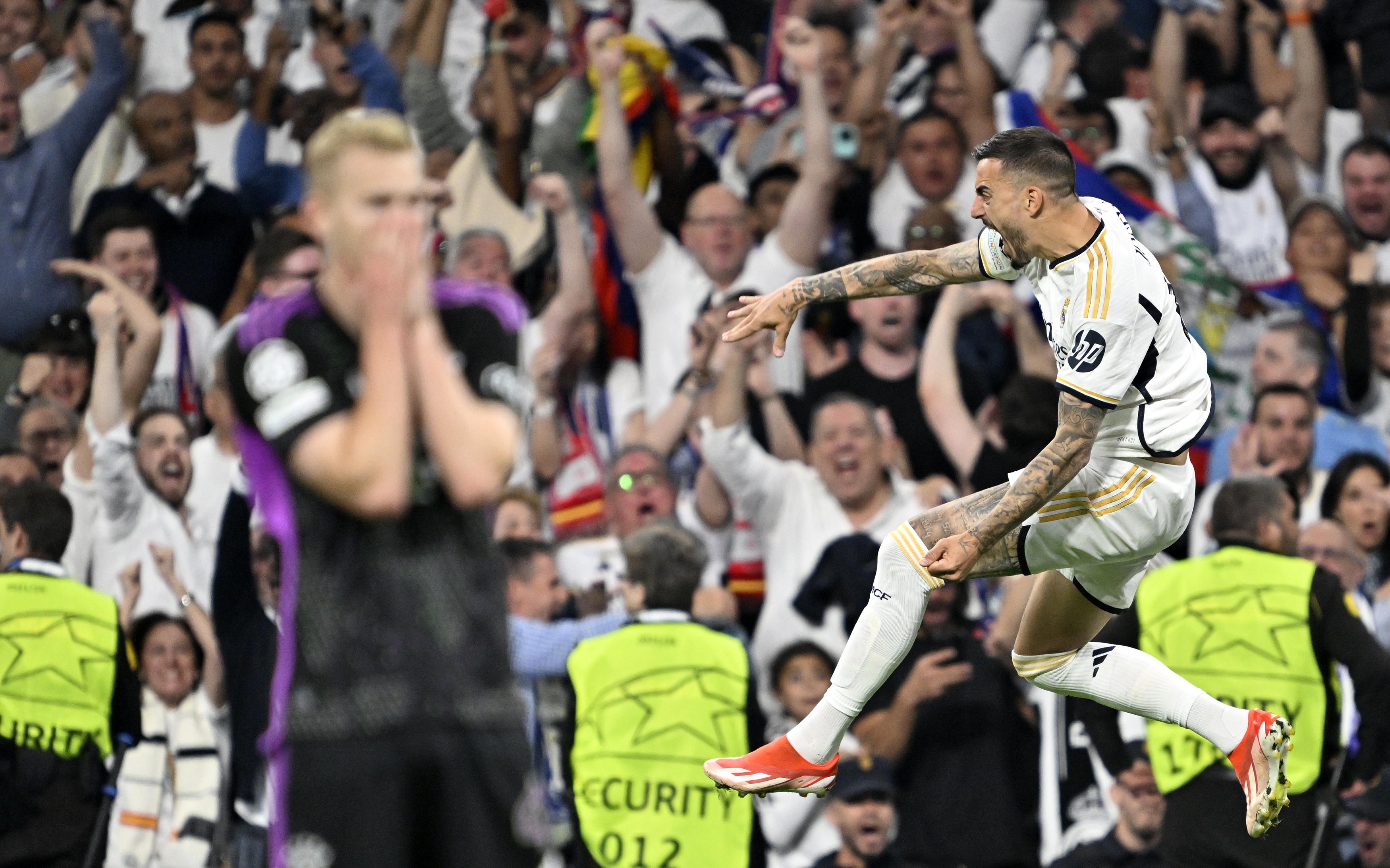 Madrid, 09.05.24: Real Madrids Stürmer Joselu feiert seinen Treffer gegen Bayern München im Halbfinale der Champions League.