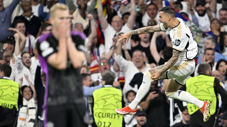 Madrid, 09.05.24: Real Madrids Stürmer Joselu feiert seinen Treffer gegen Bayern München im Halbfinale der Champions League. | Bild:pa/Anadolu/Burak Akbulut