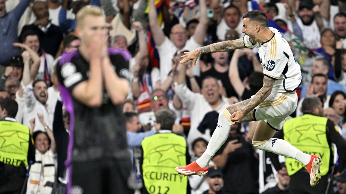Madrid, 09.05.24: Real Madrids Stürmer Joselu feiert seinen Treffer gegen Bayern München im Halbfinale der Champions League.