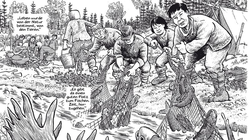 Ausschnitt aus einer Seite aus Joe Saccos Comic-Reportage "Wir gehören dem Land" über die Dene in den kanadischen Nord-West-Territorien. Ursprünglich waren die Indigenen Nomaden und ernährten sich unter anderem vom Fischfang.