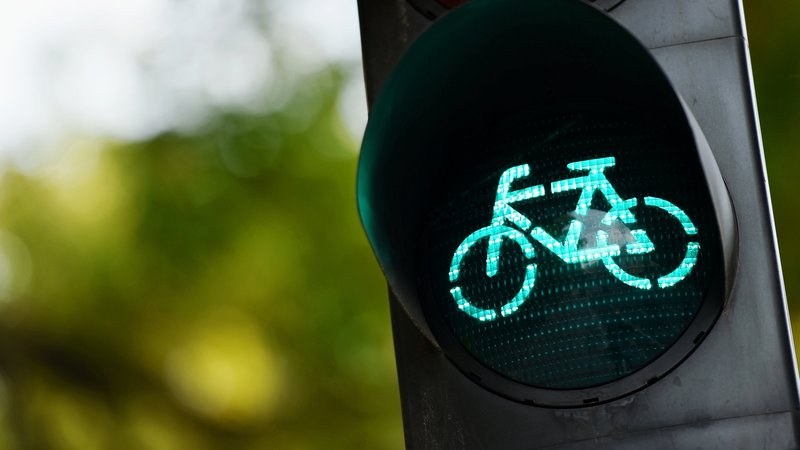 Auf einer Ampel mit Fahrradsymbol zeigt es grün an 