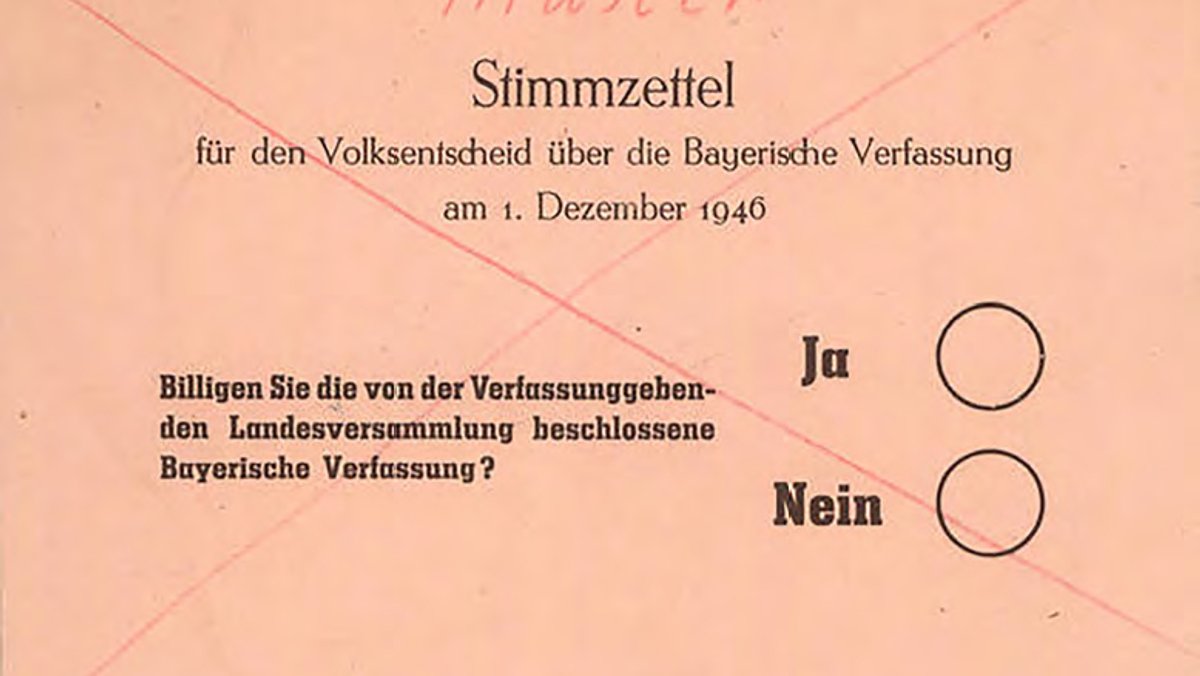 Stimmzettel für den Volksentscheid über die Bayerische Verfassung am 1. Dezember 1946