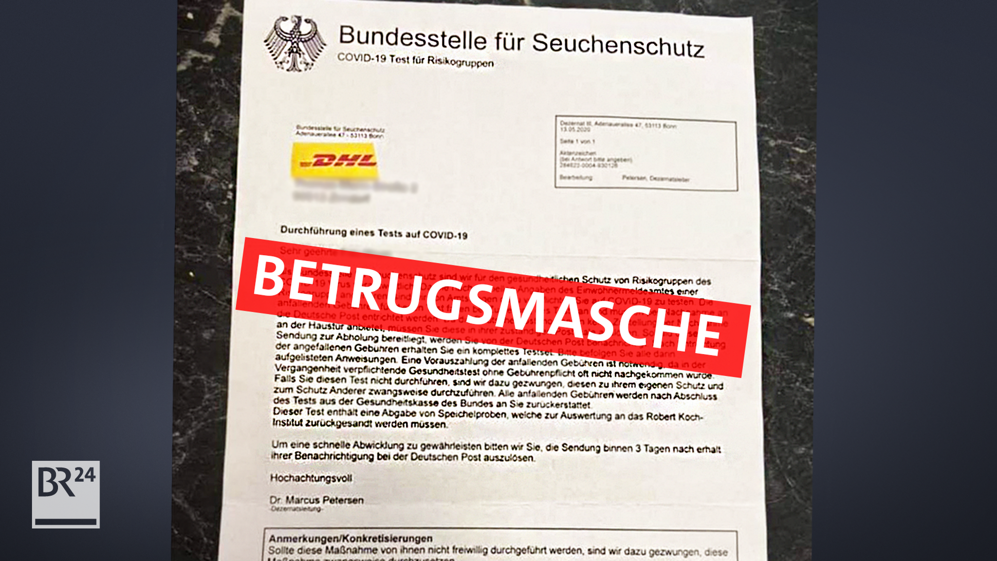 Betrugsmasche: Menschen werden von einer nicht existierenden "Bundesstelle für Seuchenschutz" aufgefordert, Geld für ein Testkit zu überweisen.