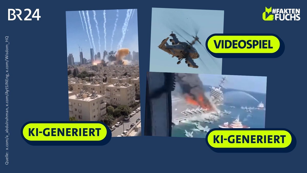 Eine Kachel mit drei Screenshots, zwei von KI-generierten Kriegsvideos, eine von einer Bildschirmaufnahme eines Kriegs-Computerspiels.