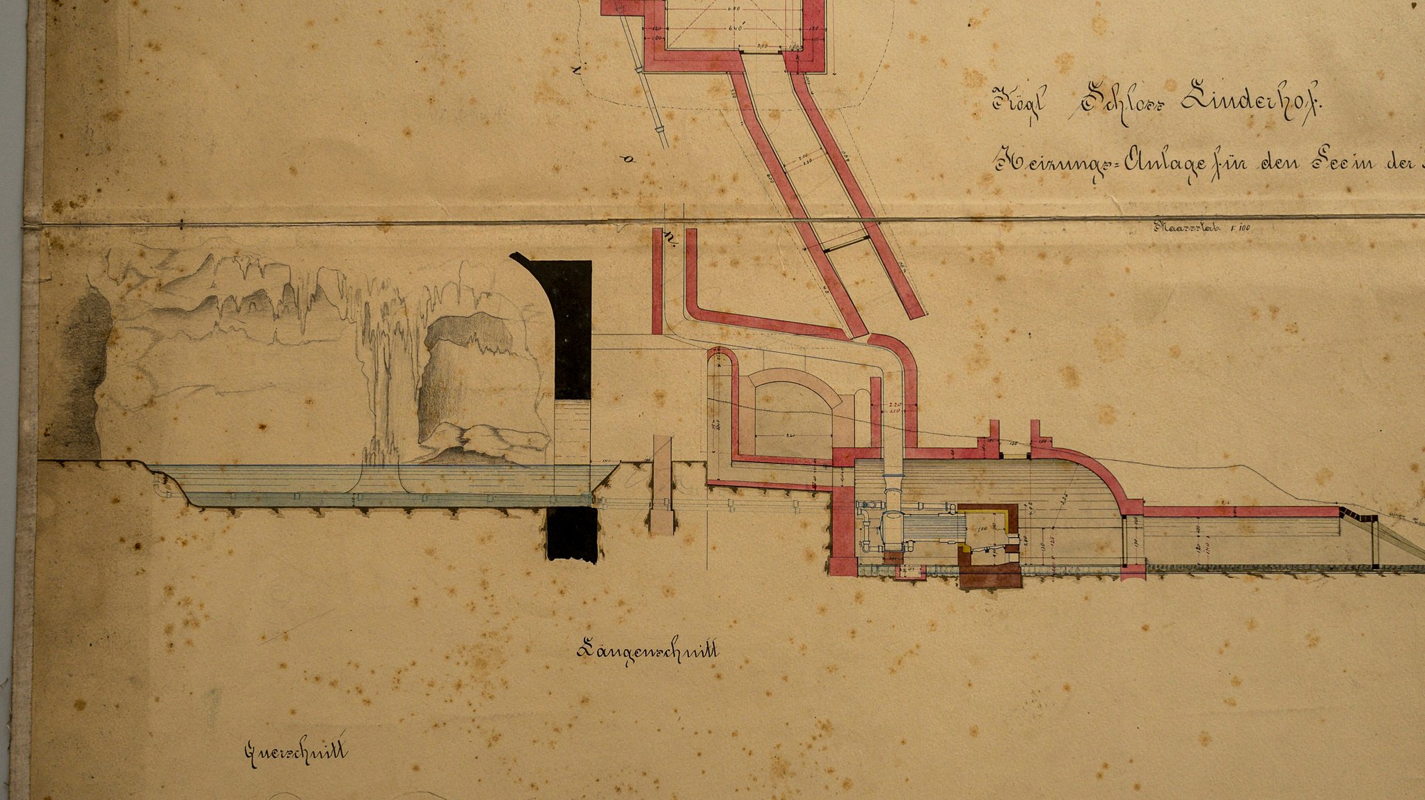 Planzeichnung zur Heizungsanlge der Venusgrotte im Schlosspark Linderhof