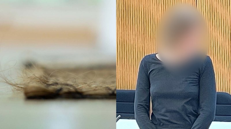 L.: Hanna S., "Fußabtreter", 2022, Frauenhaare, R.: Hanna S. im Gerichtssaal | Bild: L.: Hanna S., "Fußabtreter", 2022, Frauenhaare; r. picture alliance/ dpa | Alf Meier L.: Hanna S., "Fußabtreter", 2022, Frauenhaare, R.: Hanna S. im Gerichtssaal