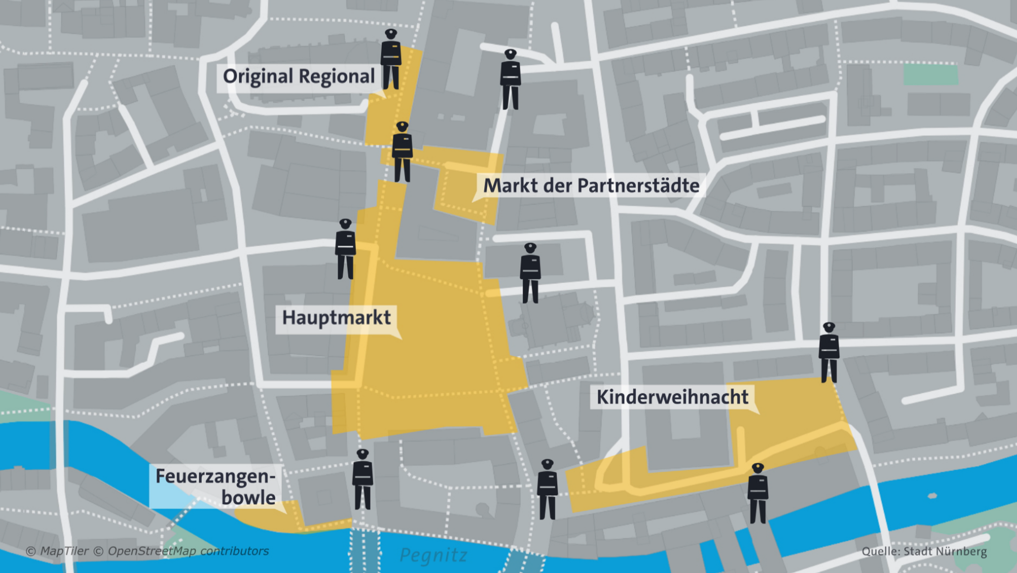 Grafische Karte, die das Sicherheitskonzept für den Nürnberger Christkindlesmarkt zeigt.