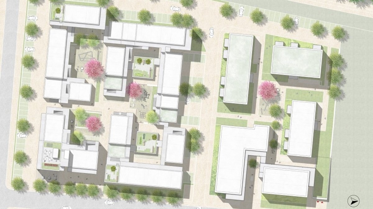 Zeichnung der Anlage von oben: Mehrere verschachtelte quadratische Gebäude mit einigen Dachterassen, dazwischen Wege, Wiesen und Bäume: Lageplan des "CampusRo" von ACM Architekten