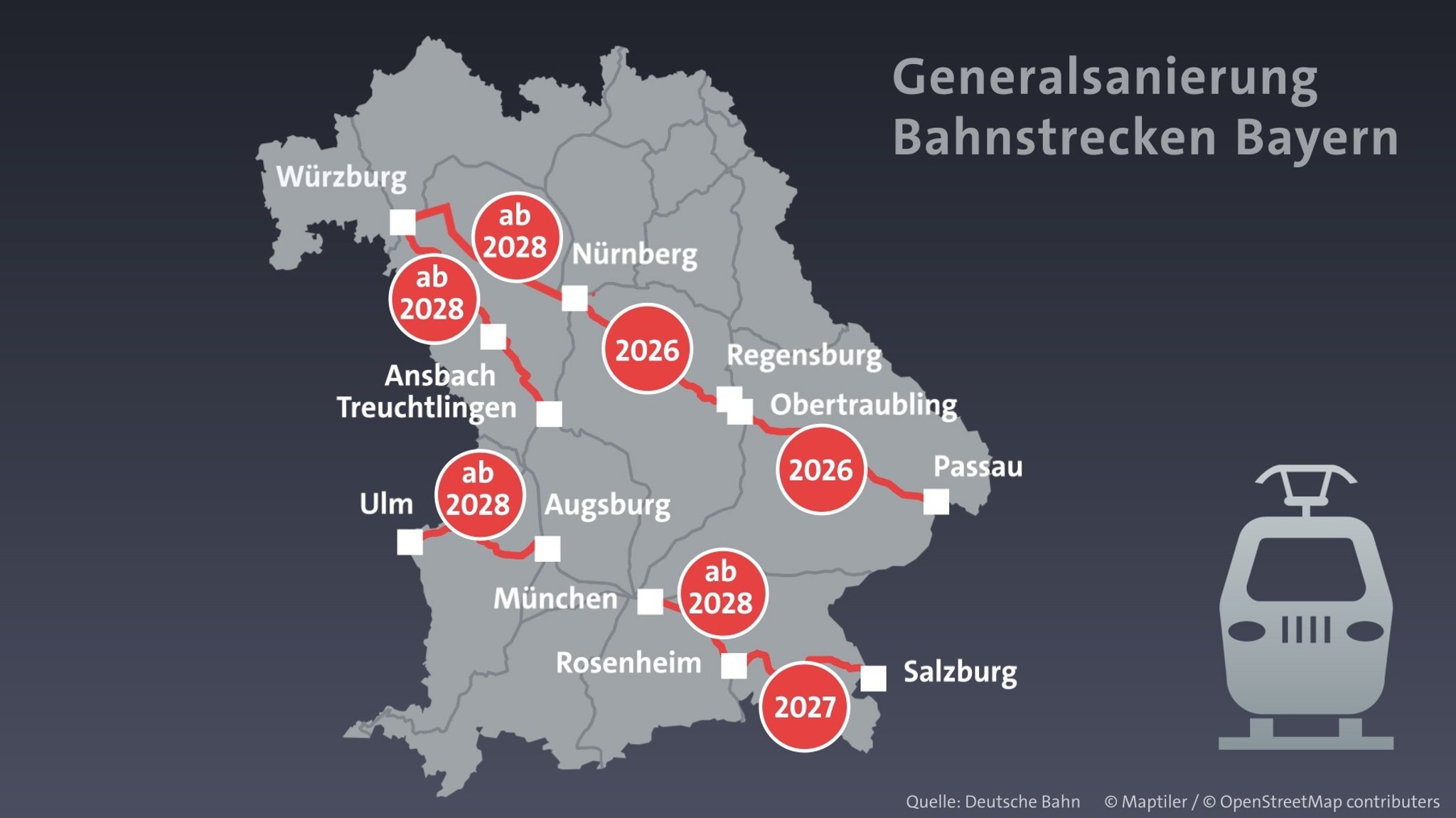 Grafik zu den geplanten Generalsanierungen wichtiger Bahnlinien in Bayern | Bild: Deutsche Bahn, Bearbeitung BR / Harald Vobrugg Grafik zu den geplanten Generalsanierungen wichtiger Bahnlinien in Bayern