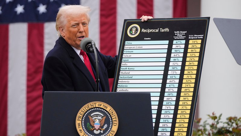 02.04.2025: Präsident Donald Trump spricht während einer Veranstaltung zur Ankündigung neuer Zölle. | Bild: dpa-Bildfunk/Mark Schiefelbein 02.04.2025: Präsident Donald Trump spricht während einer Veranstaltung zur Ankündigung neuer Zölle.