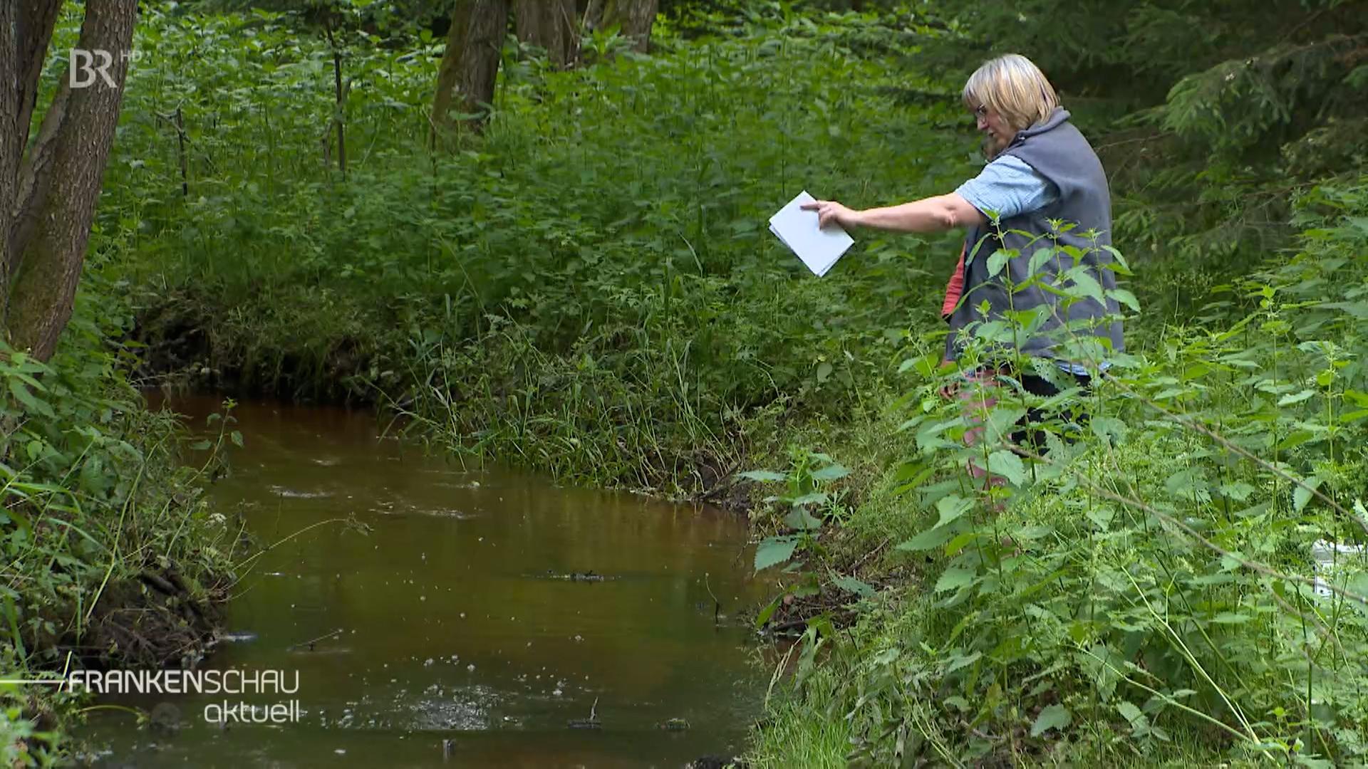 Eine Frau steht an einem Bach.
