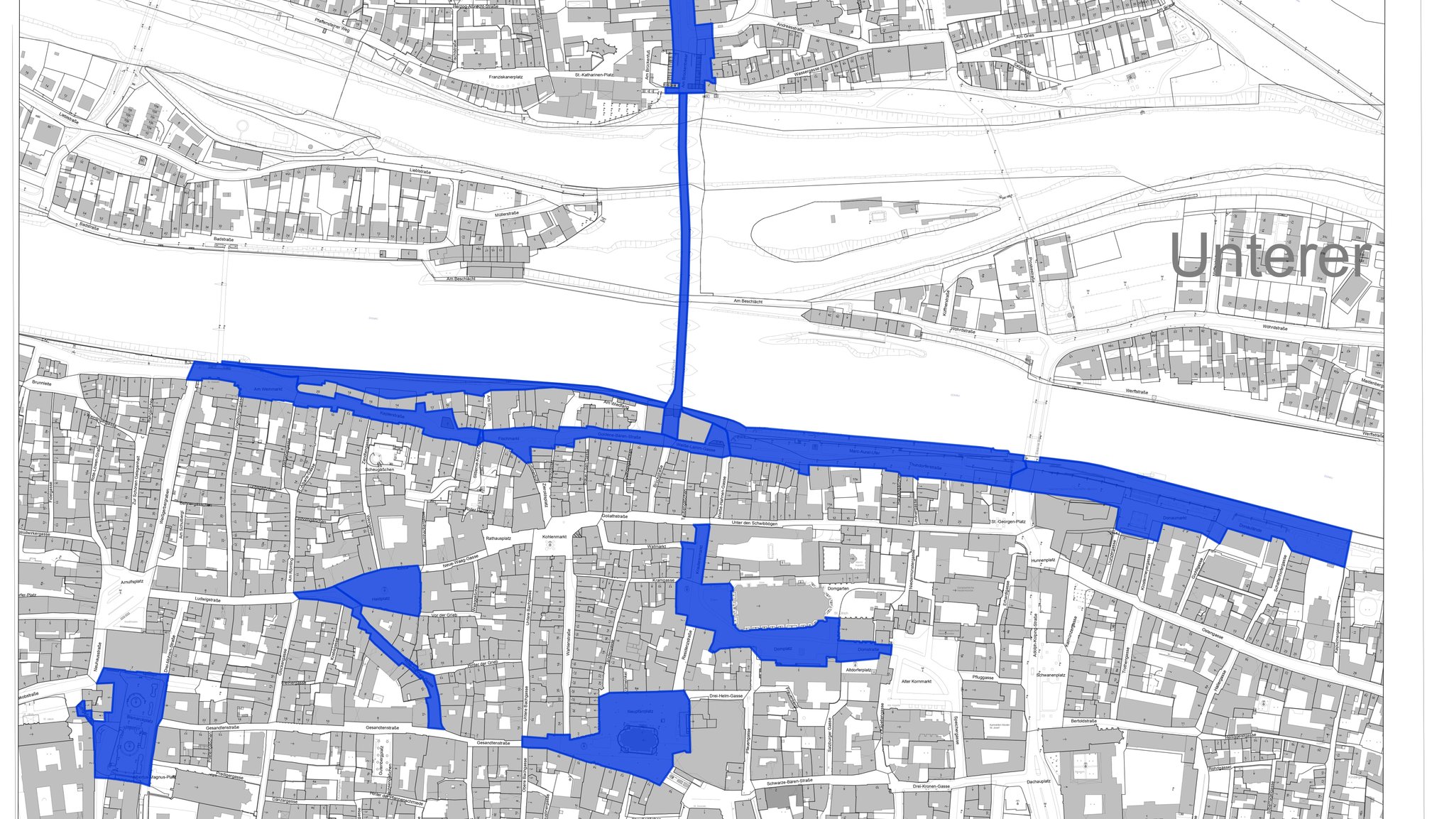 Örtliche Bestimmung des Geltungsbereichs des Alkoholkonsumverbots der Stadt Regensburg. Blau markiert ist der Geltungsbereich.