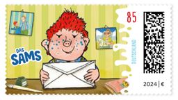 Das Sams als Zeichnung auf einer 85 Cent-Briefmarke. | Bild:Gestaltung des Postwertzeichens und der Ersttagsstempel: Jan-Niklas Kröger, Bonn Motiv: Das Sams: © 2024 Verlag Friedrich Oetinger / Paul Maar