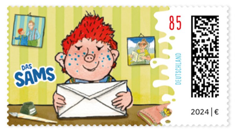 Das Sams als Zeichnung auf einer 85 Cent-Briefmarke. | Bild: Gestaltung des Postwertzeichens und der Ersttagsstempel: Jan-Niklas Kröger, Bonn Motiv: Das Sams: © 2024 Verlag Friedrich Oetinger / Paul Maar Das Sams als Zeichnung auf einer 85 Cent-Briefmarke.