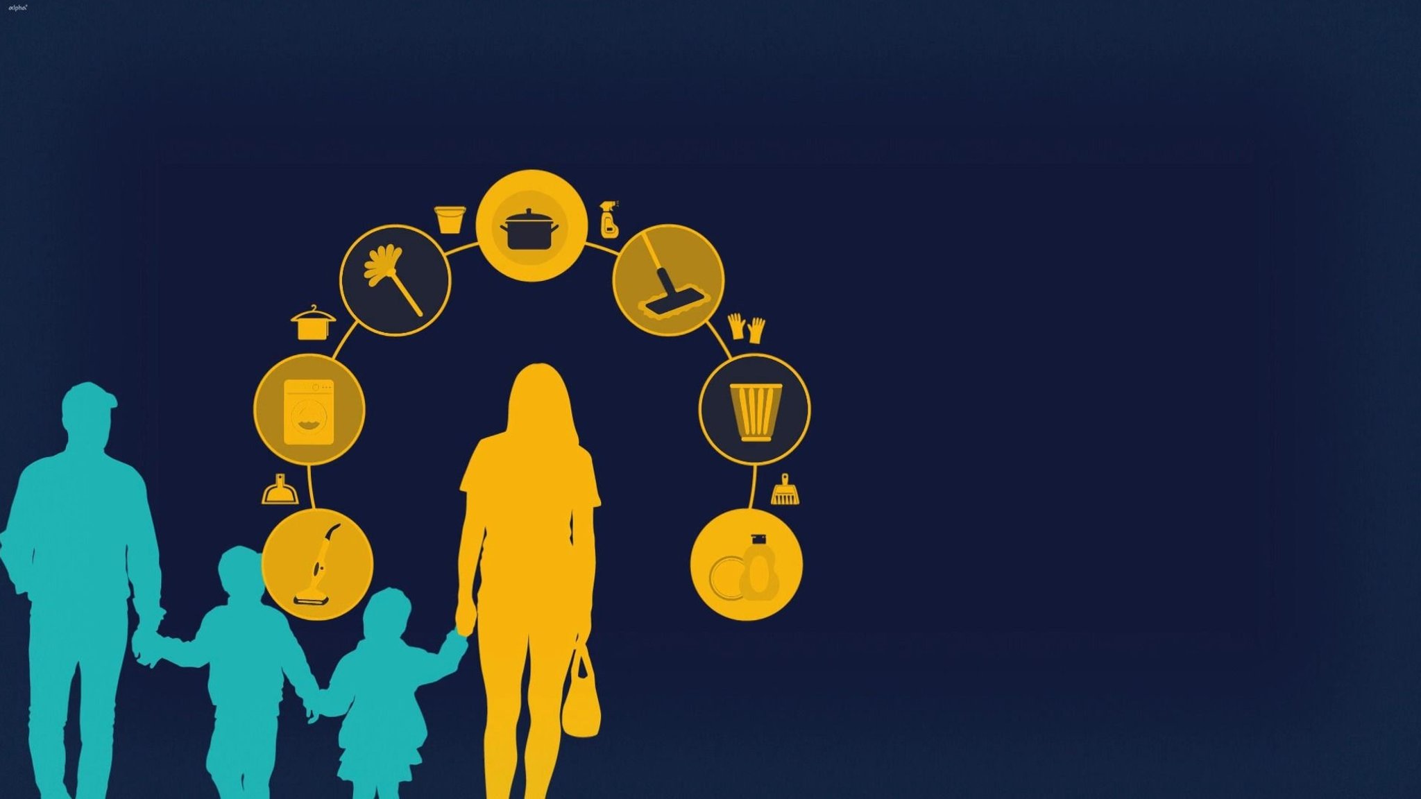 Symbolbild Frauen stemmen überwiegend die Hausarbeit: Eine Familie hält sich an den Händen. Die Frau ist hervorgehoben, um sie herum Symbole für Hausarbeit.