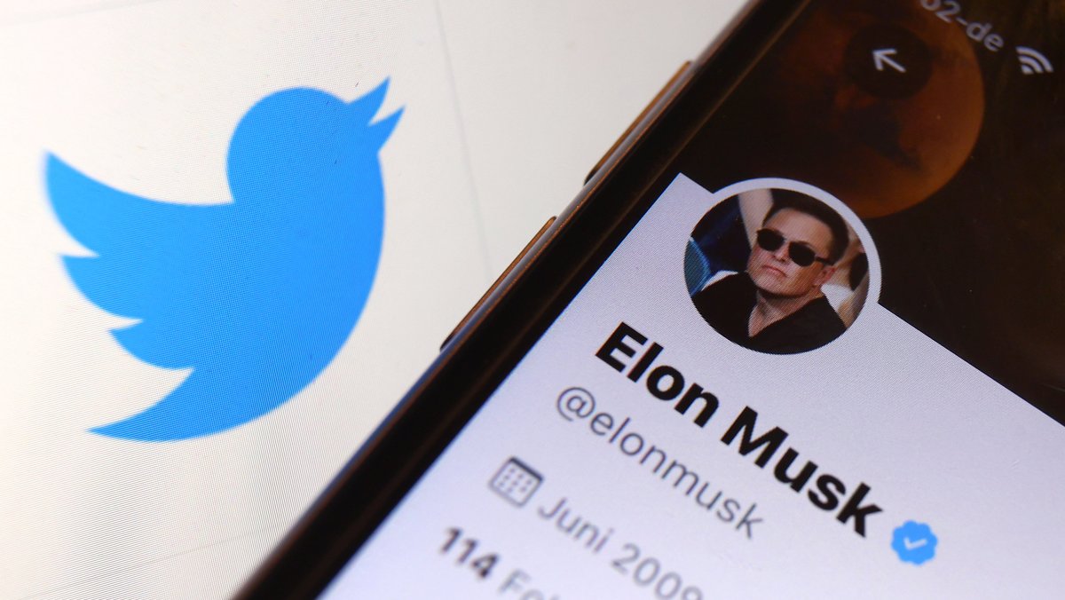 Der Twitter-Account von Elon Musk ist vor dem Logo der Nachrichten-Plattform Twitter zu sehen.