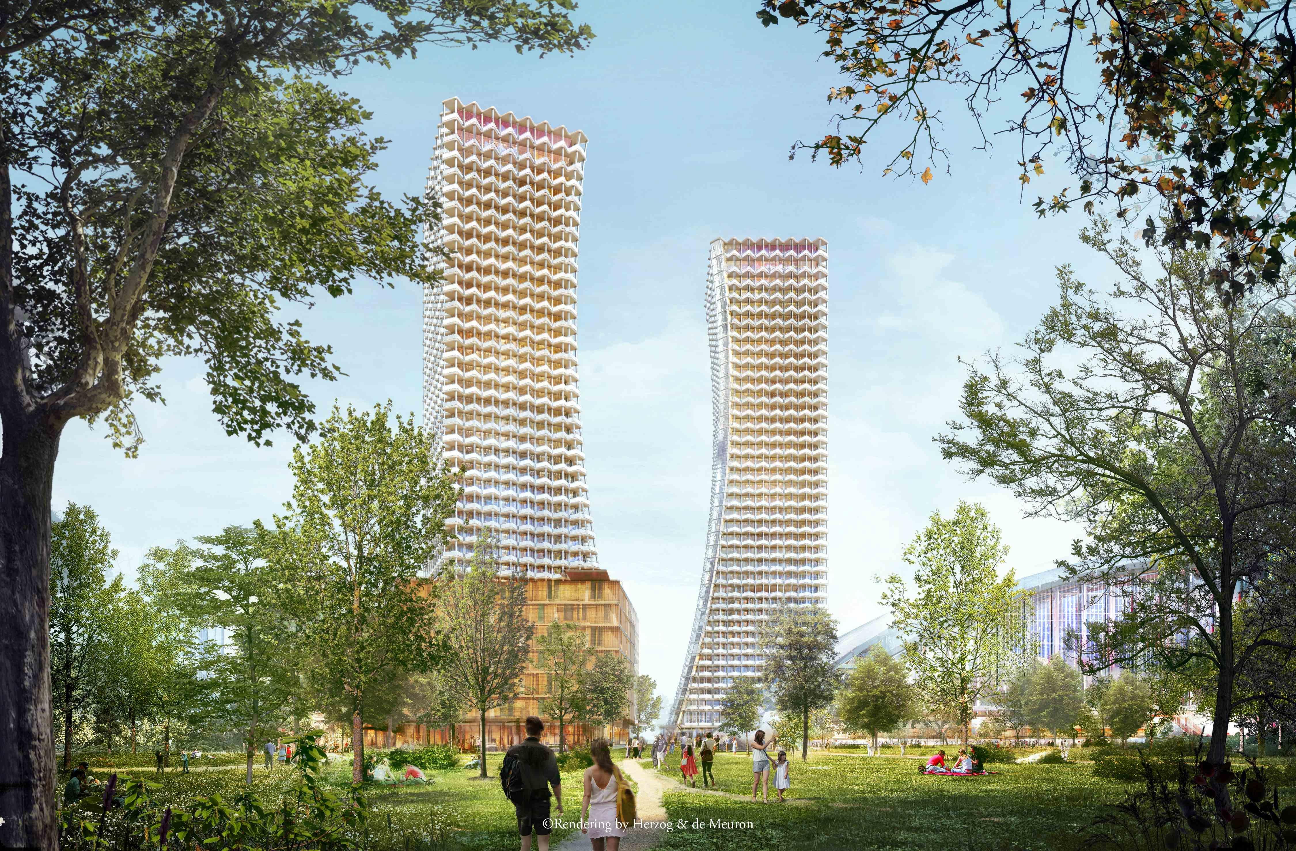 Computerdarstellung zweier Hochhaus-Türme neben der bestehenden Paketposthalle in München. 