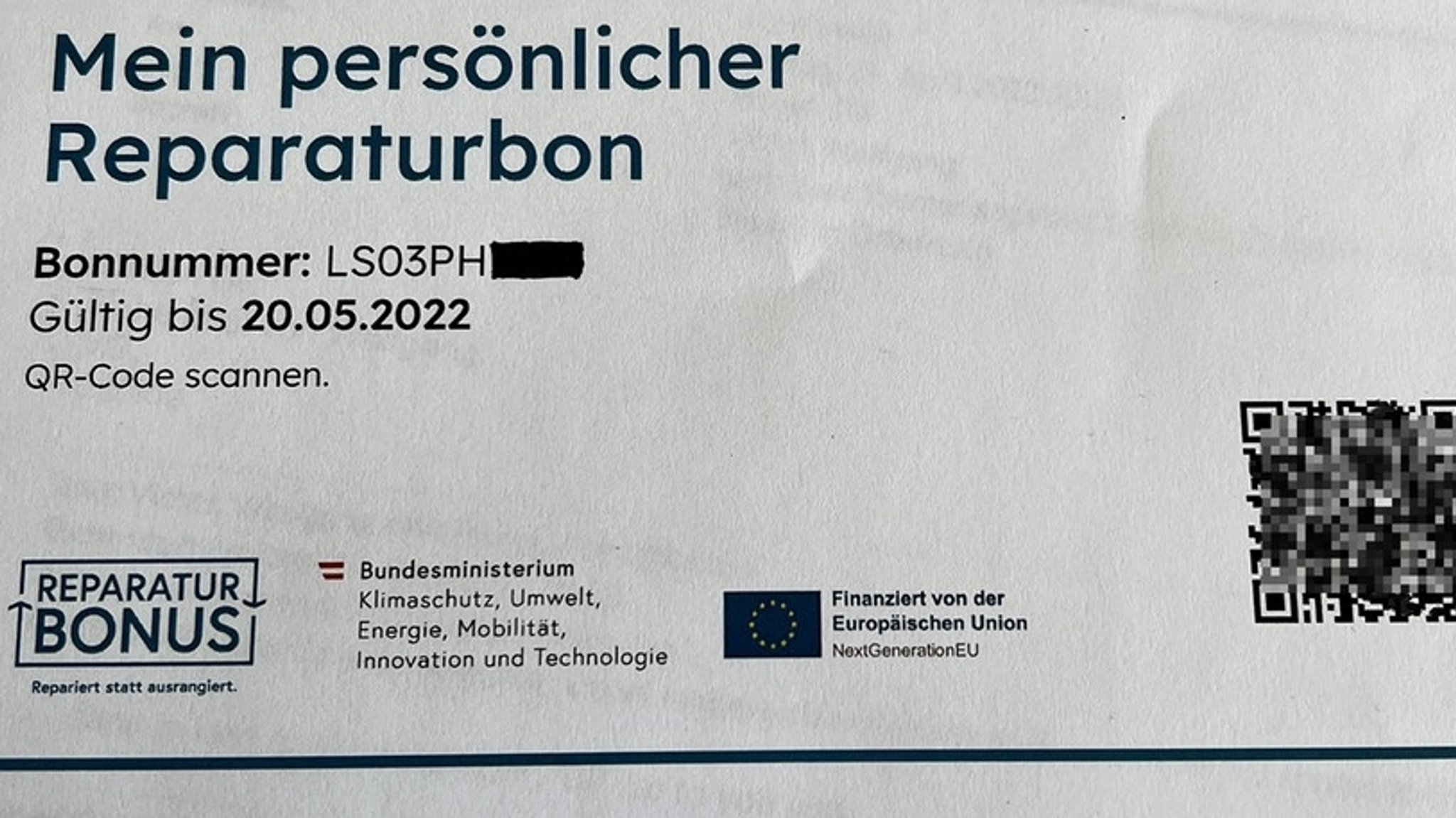 Der Ausdruck eines persönlichen Reparaturbons.