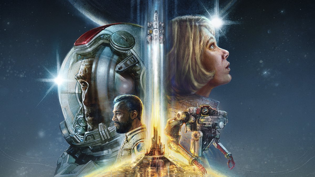 Ein Gemälde im Stil eines alten Kinoplakats zeigt Astronauten, eine Rakete, einen Roboter und eine Weltraumstadt vor Sternenhimmel