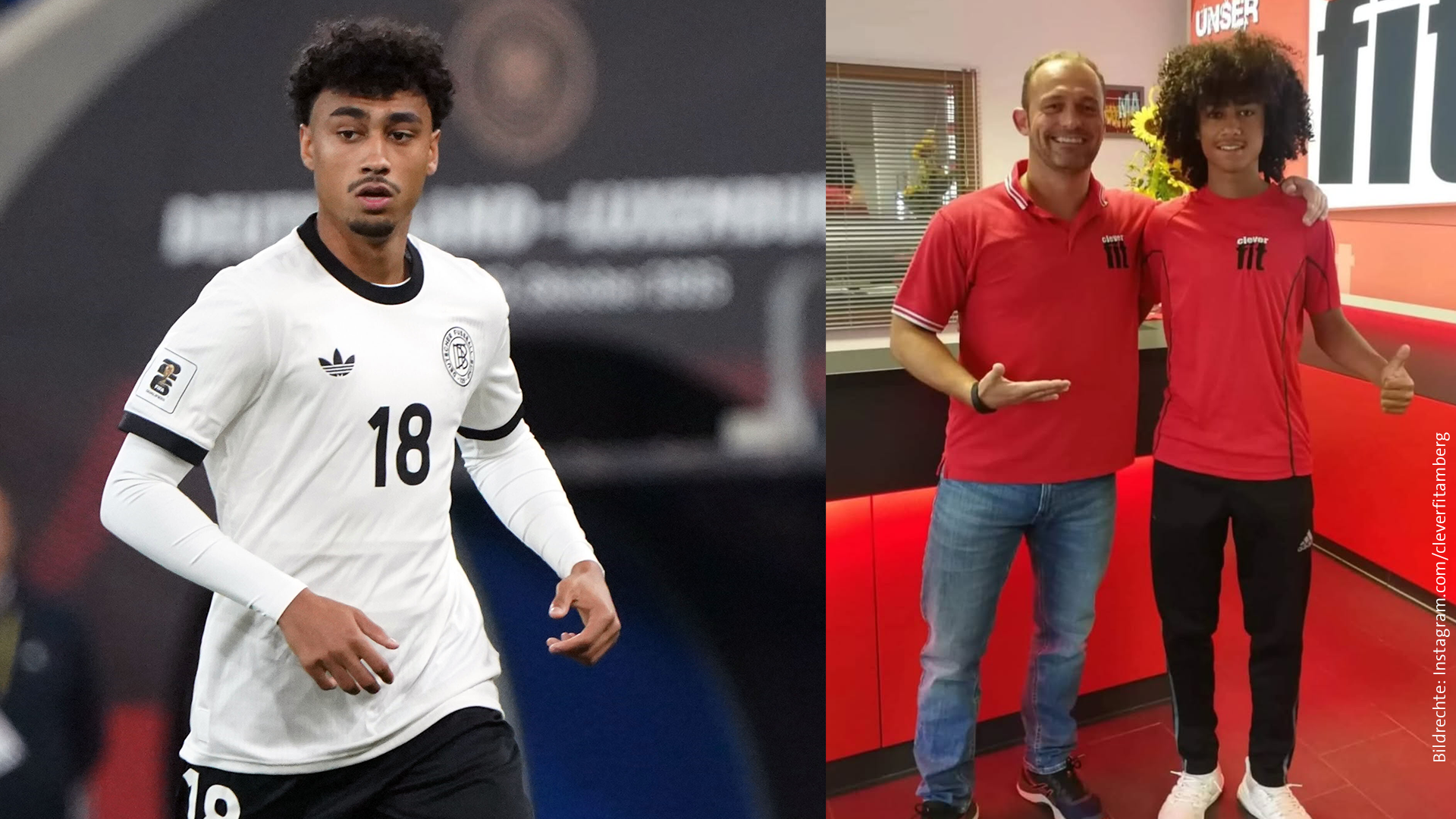 Nathaniel Brown bei seinem Debüt in der Nationalmannschaft (links) und bei seiner damaligen Arbeit im Fitnessstudio in Amberg (rechts). | Bild:picture-alliance / dpa