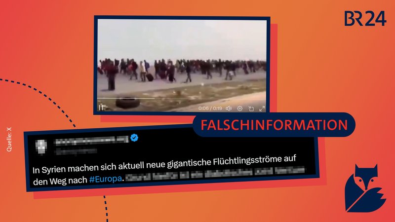 Screenshot eines Videos, auf dem viele Menschen mit Gepäck eine Straße entlanglaufen. Das Video ist alt und zeigt nicht Menschen in Syrien. In dem Post dazu heißt es fälschlicherweise "In Syrien machen sich aktuell neue gigantische Flüchtlingsströme auf den Weg nach #Europa." | Bild: BR/X Screenshot eines Videos, auf dem viele Menschen mit Gepäck eine Straße entlanglaufen. Das Video ist alt und zeigt nicht Menschen in Syrien. In dem Post dazu heißt es fälschlicherweise "In Syrien machen sich aktuell neue gigantische Flüchtlingsströme auf den Weg nach #Europa."