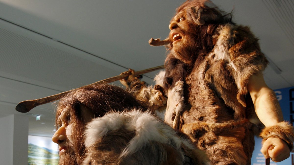 Nachbildungen von Neandertalern aus einer Neandertaler-Ausstellung im Haus der Natur in Salzburg.