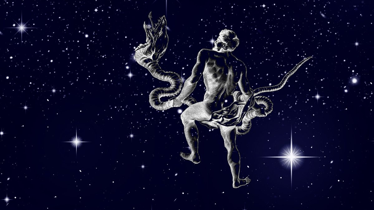 Symbolbild des Sternbilds Schlangenträger (Ophiuchus) vor dem Sternenhimmel. Das Sternbild quetscht sich zwischen Skorpion und Schütze in den Tierkreis, spielt aber bei den klassischen 12 Sternzeichen keine Rolle.