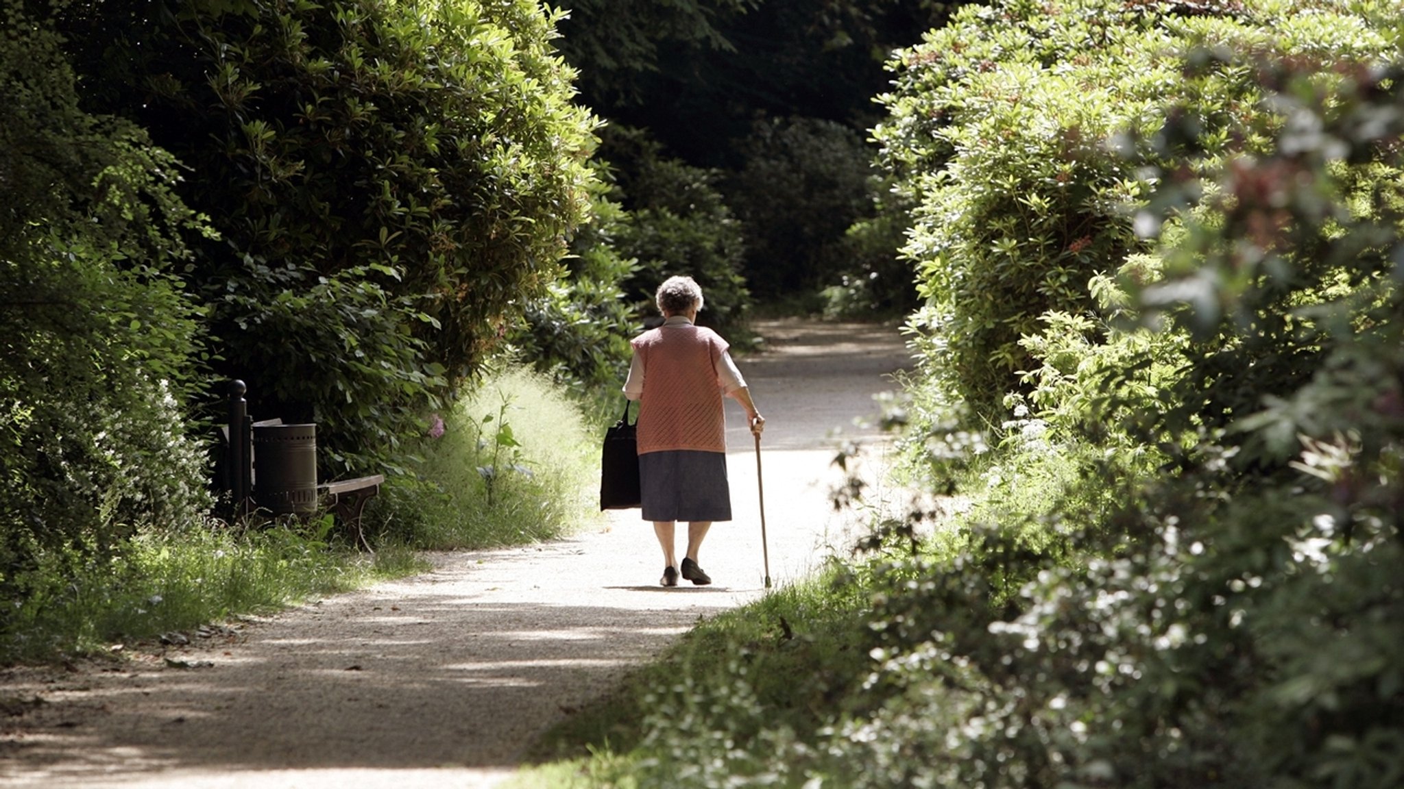 Symbolbild: Eine Seniorin geht bei Sonnenschein im Park an einem Gehstock spazieren. | Bild: picture-alliance/ dpa/dpaweb | Frank May Symbolbild: Eine Seniorin geht bei Sonnenschein im Park an einem Gehstock spazieren.