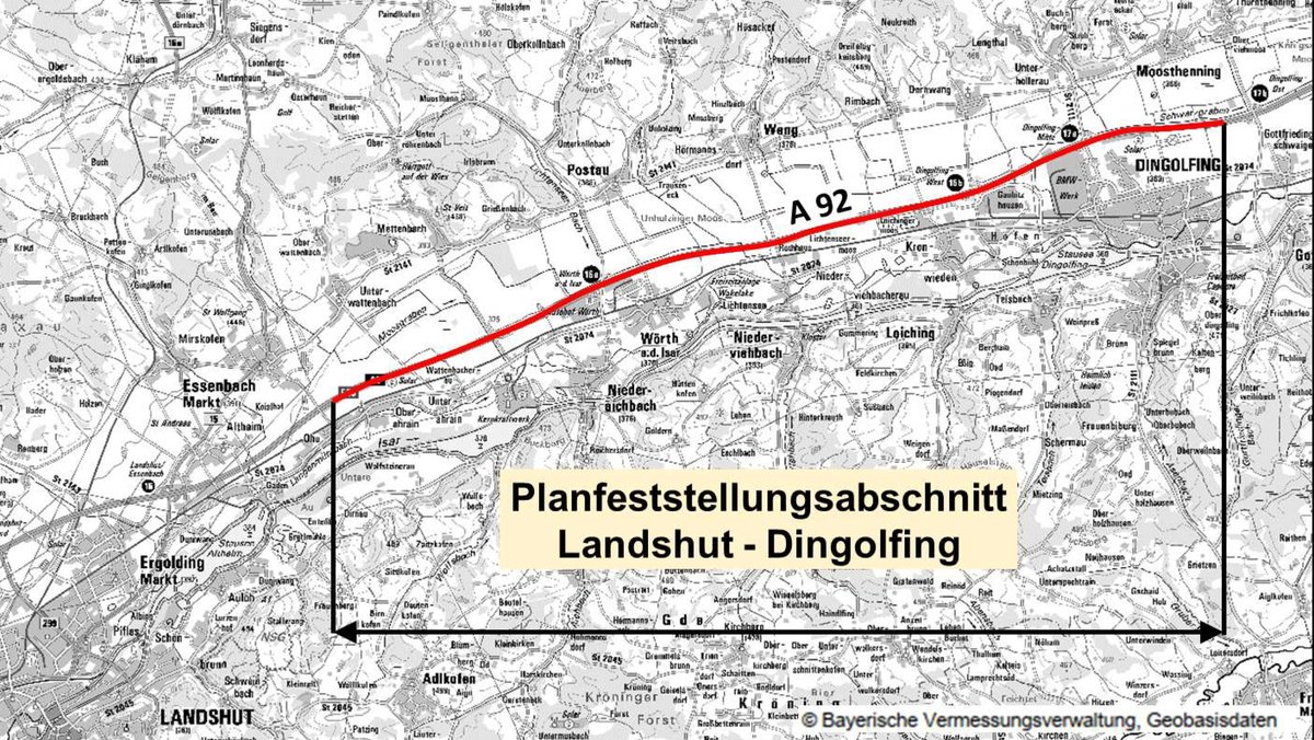 Eine Landkarte für den Streckenabschnitt Lanshut-Dingolfing