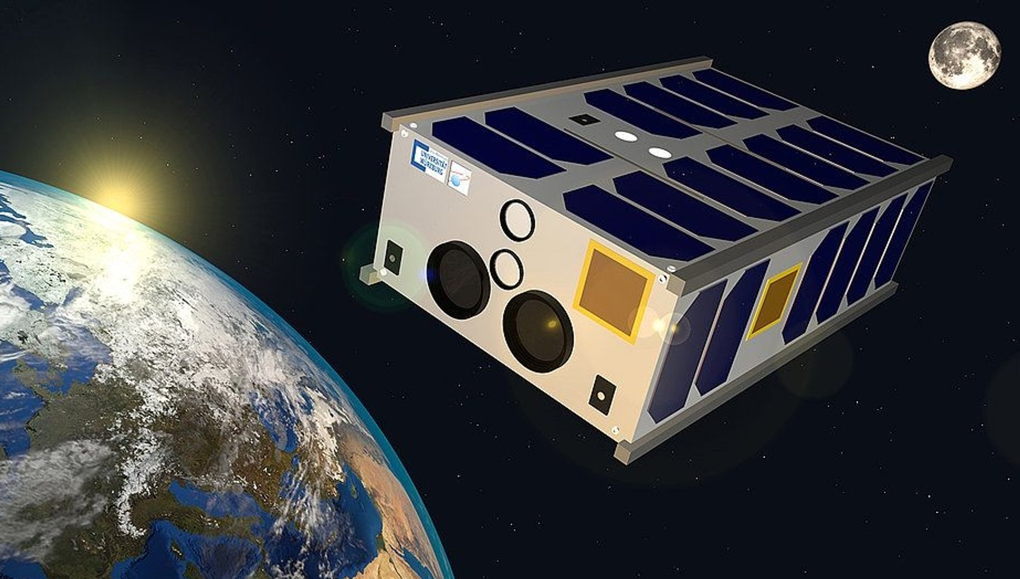 Ein Modell des Nanosatelliten SONATE-2, hier künstlerisch im Orbit dargestellt.