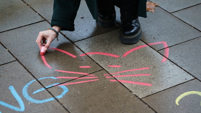 Eine Aktivistin malt mit Kreide ein Katzensymbol neben einen anzüglichen Kommentar aufs Straßenpflaster (Symbolbild). | Bild: dpa-Bildfunk/Andreas Arnold Eine Aktivistin malt mit Kreide ein Katzensymbol neben einen anzüglichen Kommentar aufs Straßenpflaster (Symbolbild).
