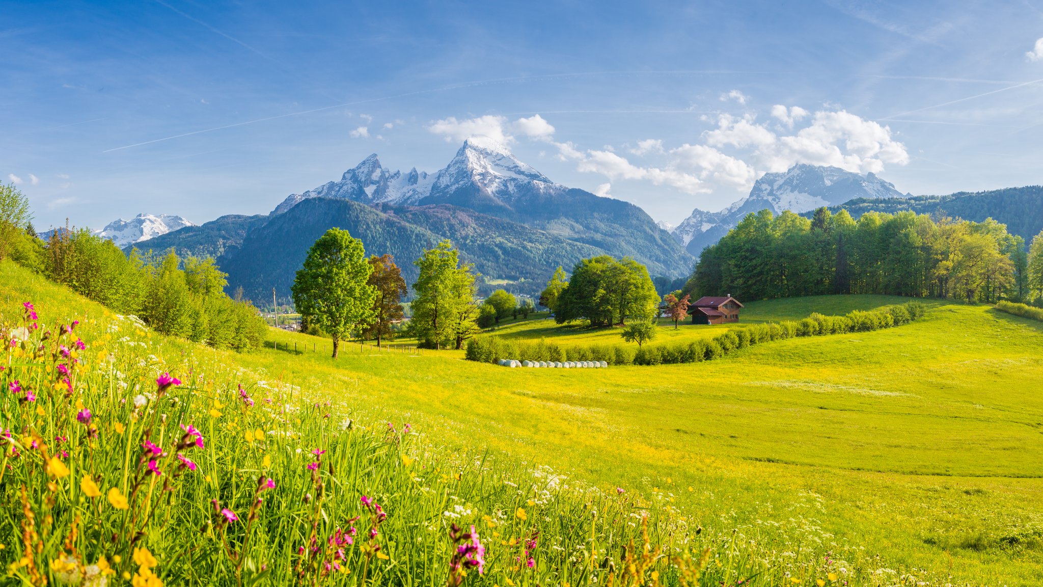 Idyllische Berglandschaft im Frühling mit Blick auf den Watzmann.