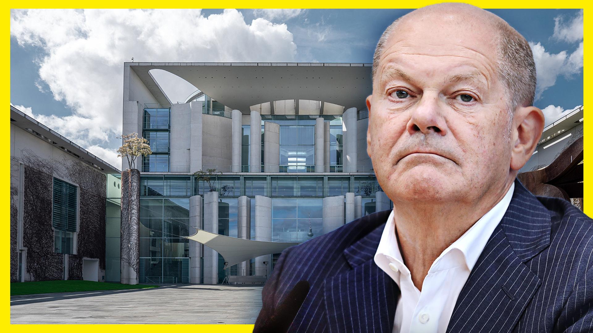 Bundeskanzler Olaf Scholz, im Hintergrund das Kanzleramt 