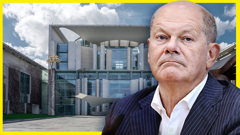 Bundeskanzler Olaf Scholz, im Hintergrund das Kanzleramt | Bild: picture alliance / dts-Agentur | picture alliance / | Daniel Kalker I Montage: BR Bundeskanzler Olaf Scholz, im Hintergrund das Kanzleramt